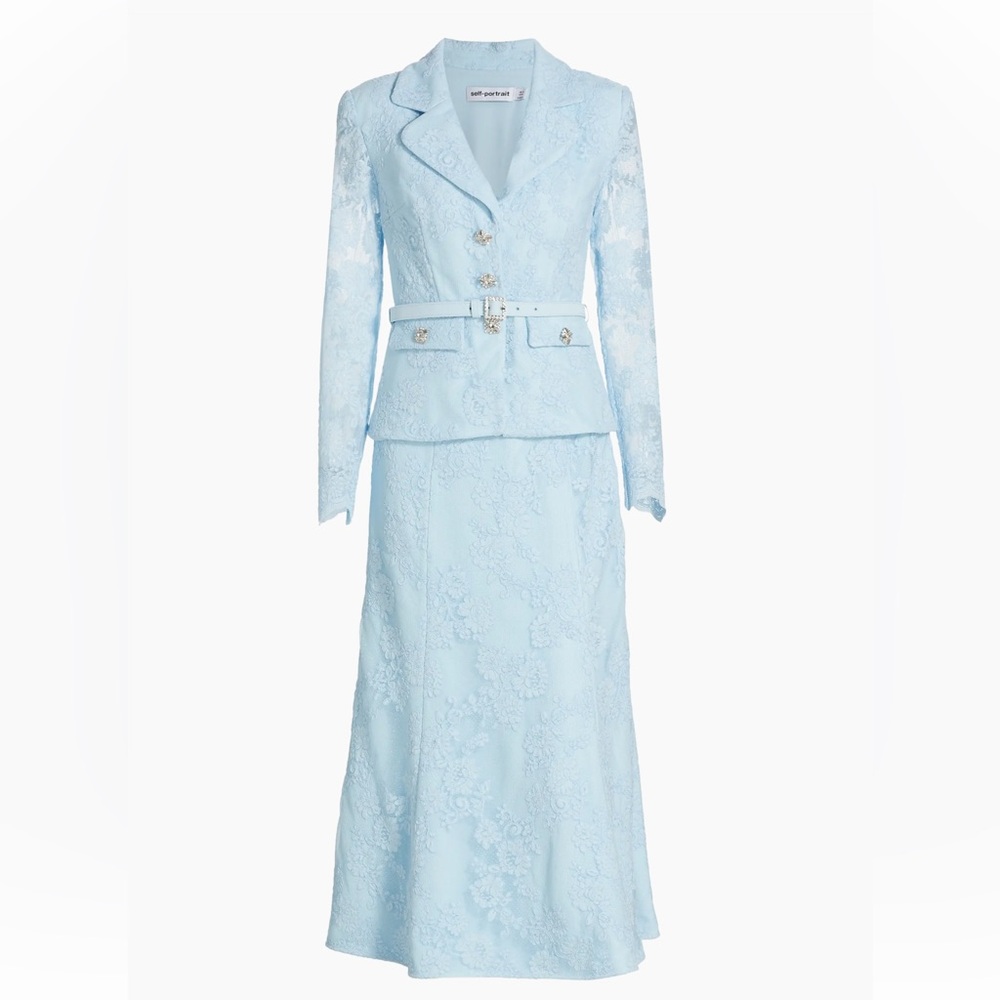 Self- Portrait blue lace blazer midi dress